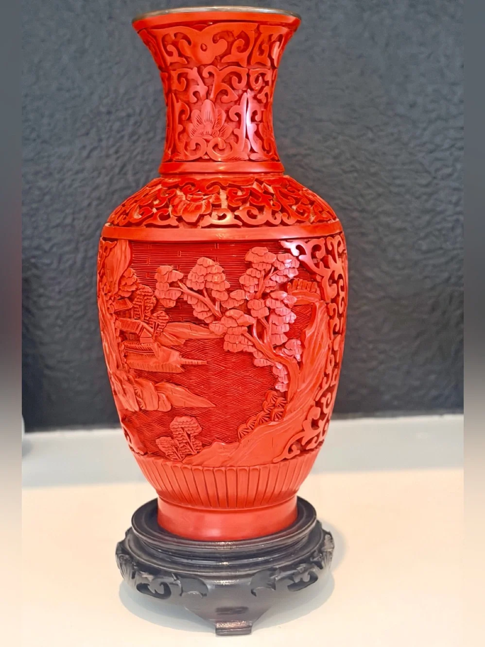 Chinese Red Deep Carved Cinnabar Lacquer Vase